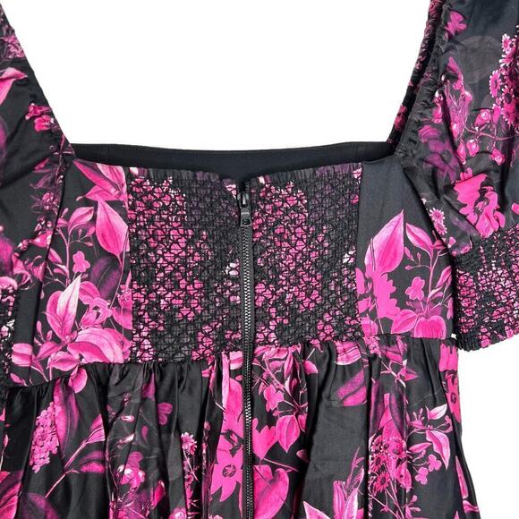 New Women’s Alice & Olivia Black Floral Smocked Square Neck Mini Dress Size 2 - Picture 7 of 9